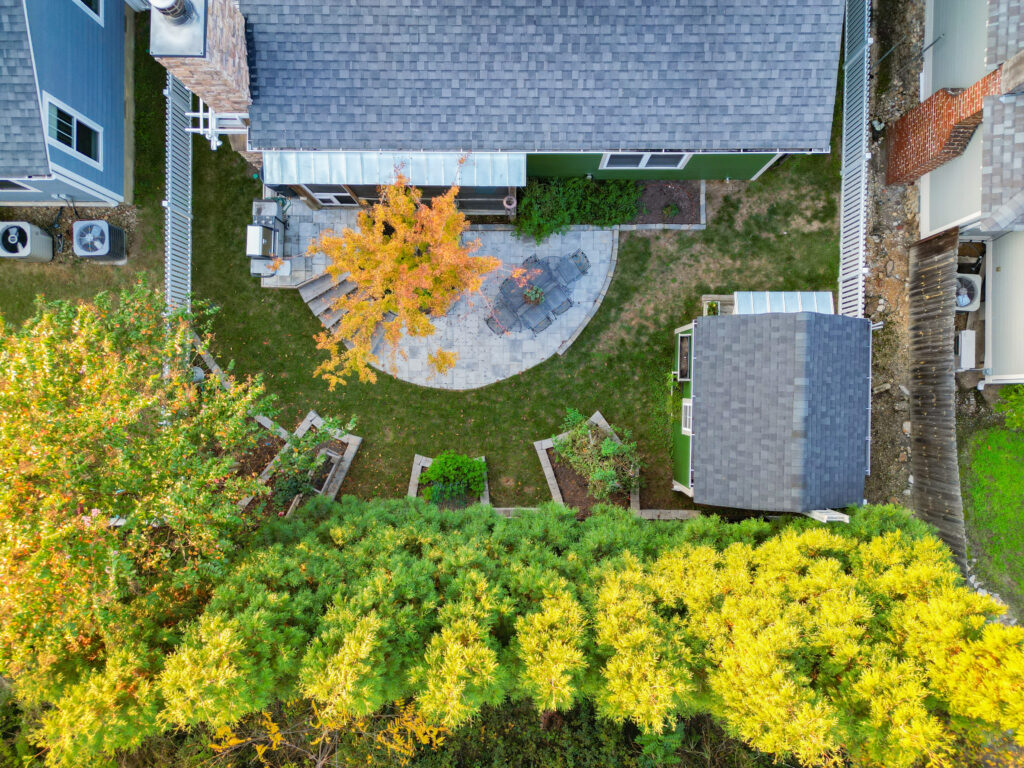 Geometric backyard design with curved patio and variety of trees and shrubs