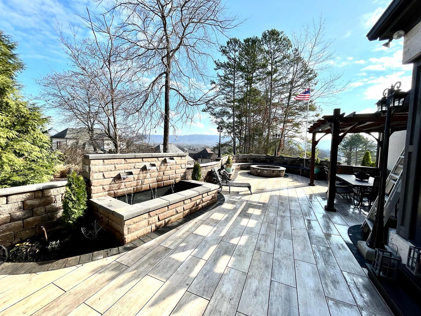 Custom deck and water feature with firepit on Lookout Mountain
