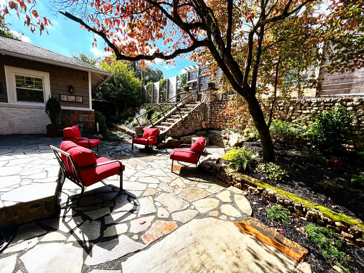 Patio with red chairs under mature tree